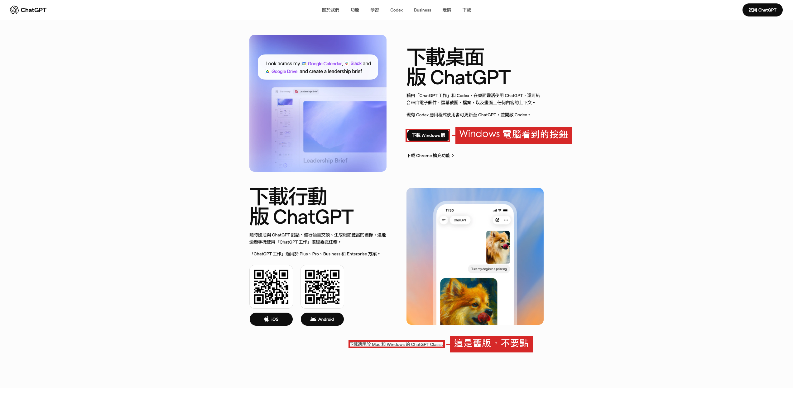 同一頁在 Windows 電腦上的樣子，按鈕變成下載 Windows 版