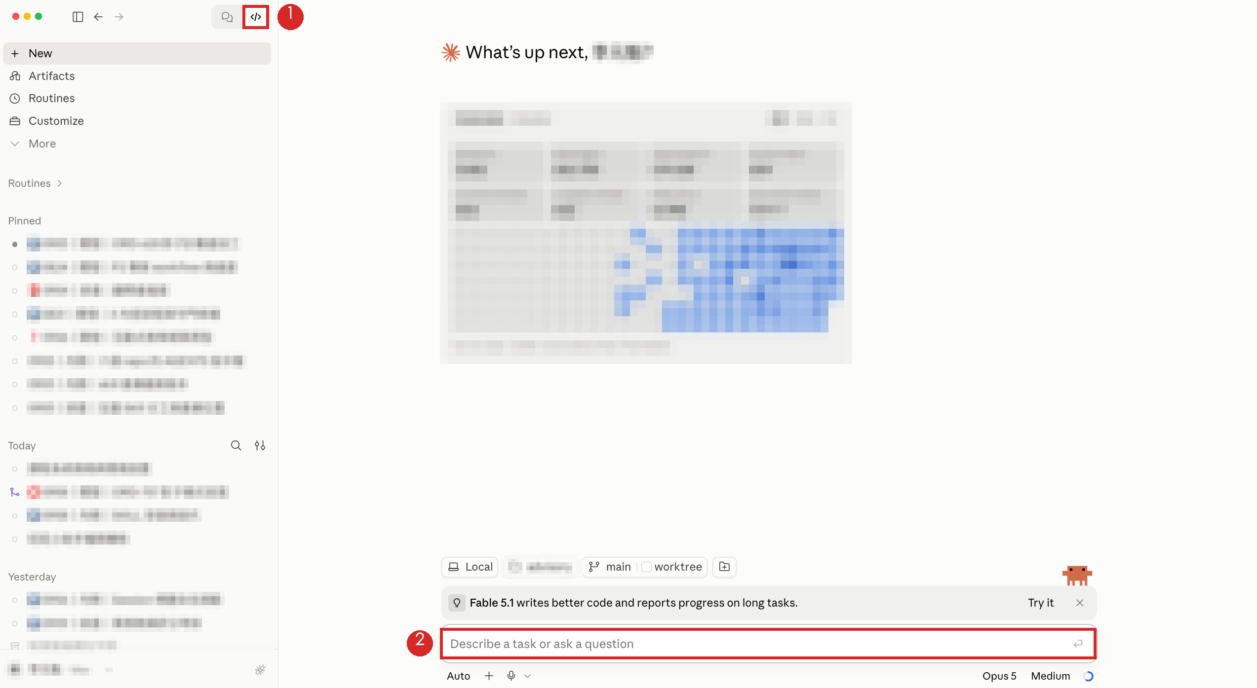 Claude 桌面 App 的 Code 畫面，紅框 1 是左上角的切換按鈕，紅框 2 是輸入框
