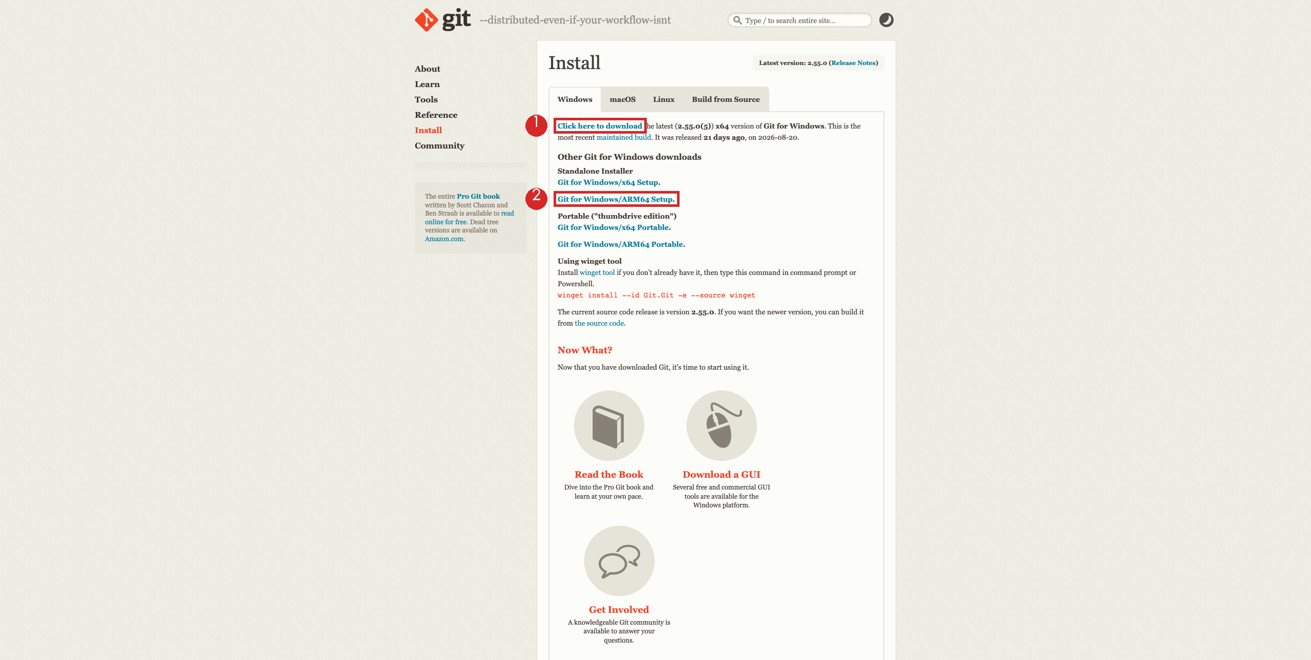 Git for Windows 官方下載頁，紅框與數字標出兩個下載連結的位置